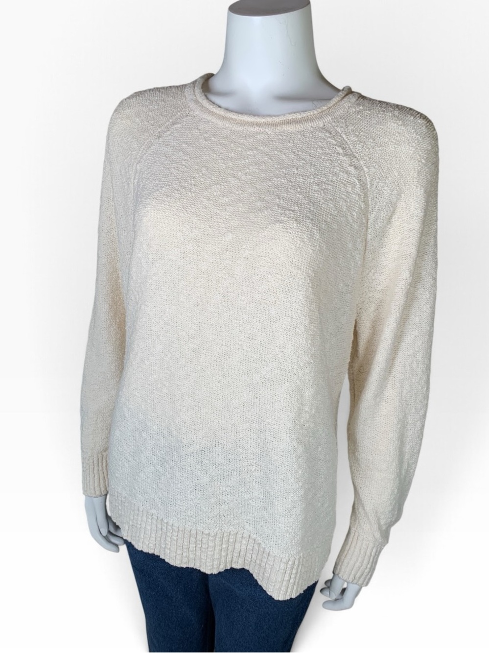 L.L.Bean 100% Cotton Bouclé Roll Neck Sweater XL Petite Cream